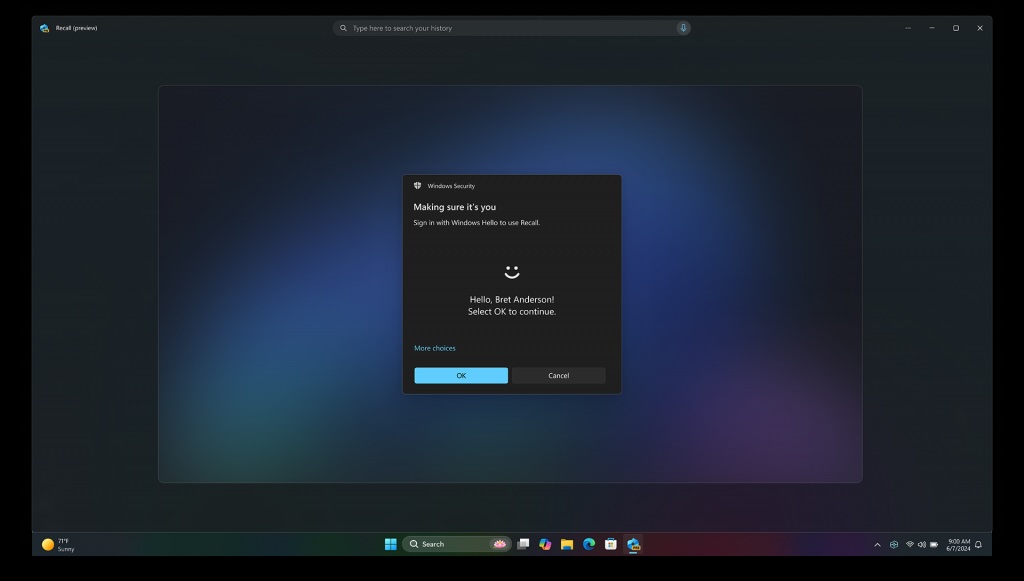 Windows Hello exigindo reconhecimento facial para acessar capturas do Recall.