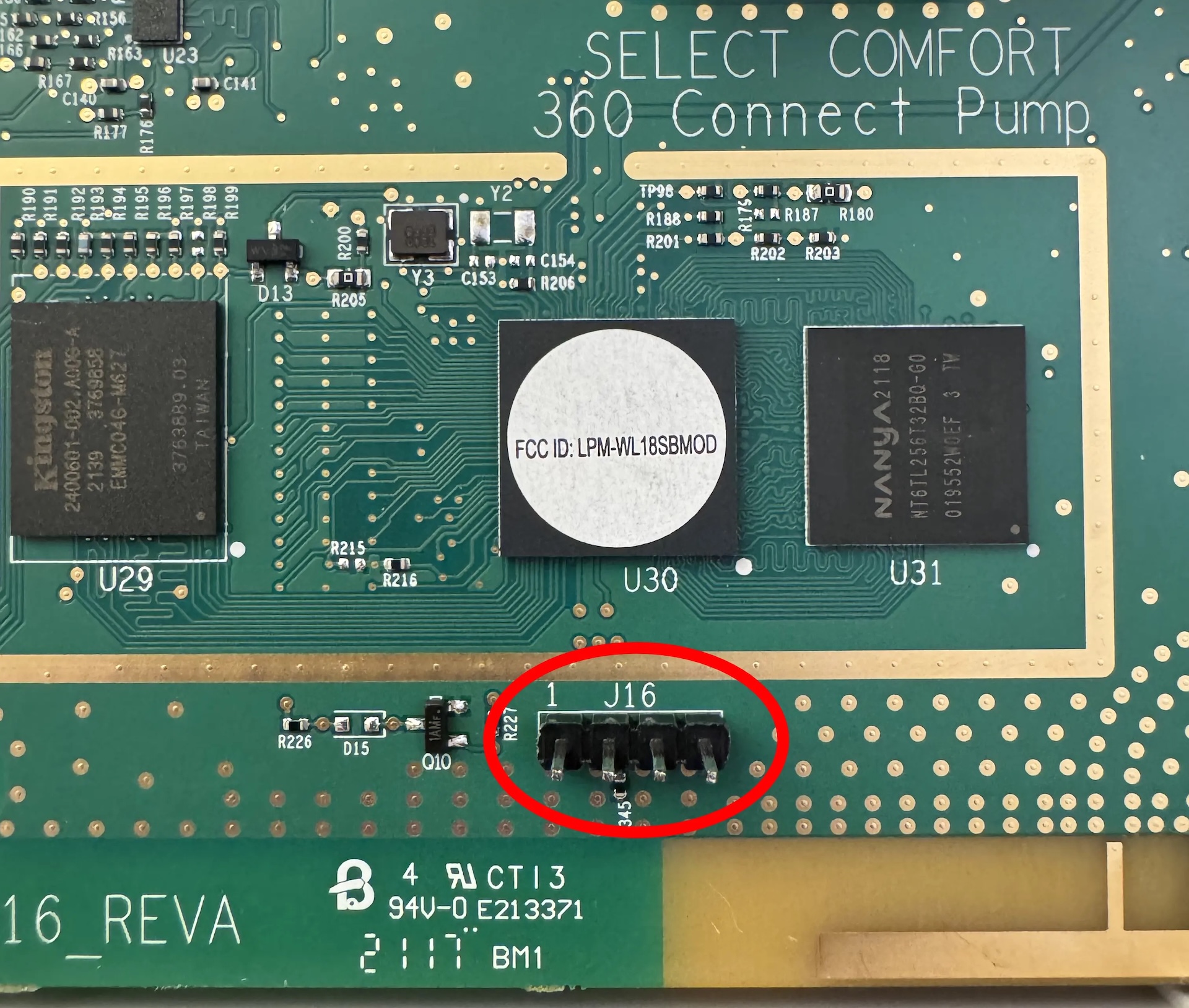 J16 header on Sleep Number controller hub used to obtain UART access to device