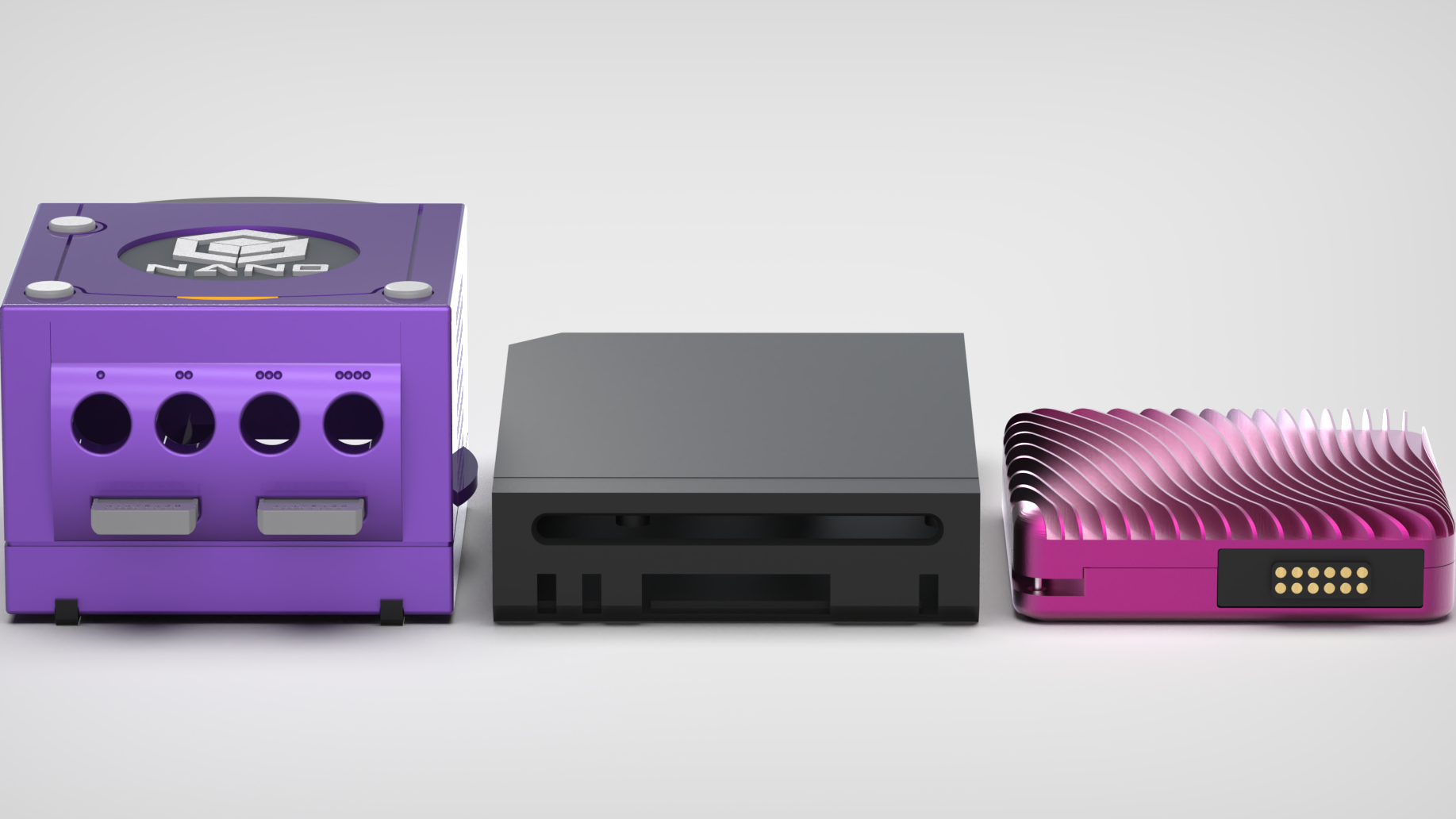Uma foto de comparação do projeto Nintendo Kawaii de YveltalGriffin e Wesk (mais à direita), o Short Stack (centro) e o GC Nano (esquerda).