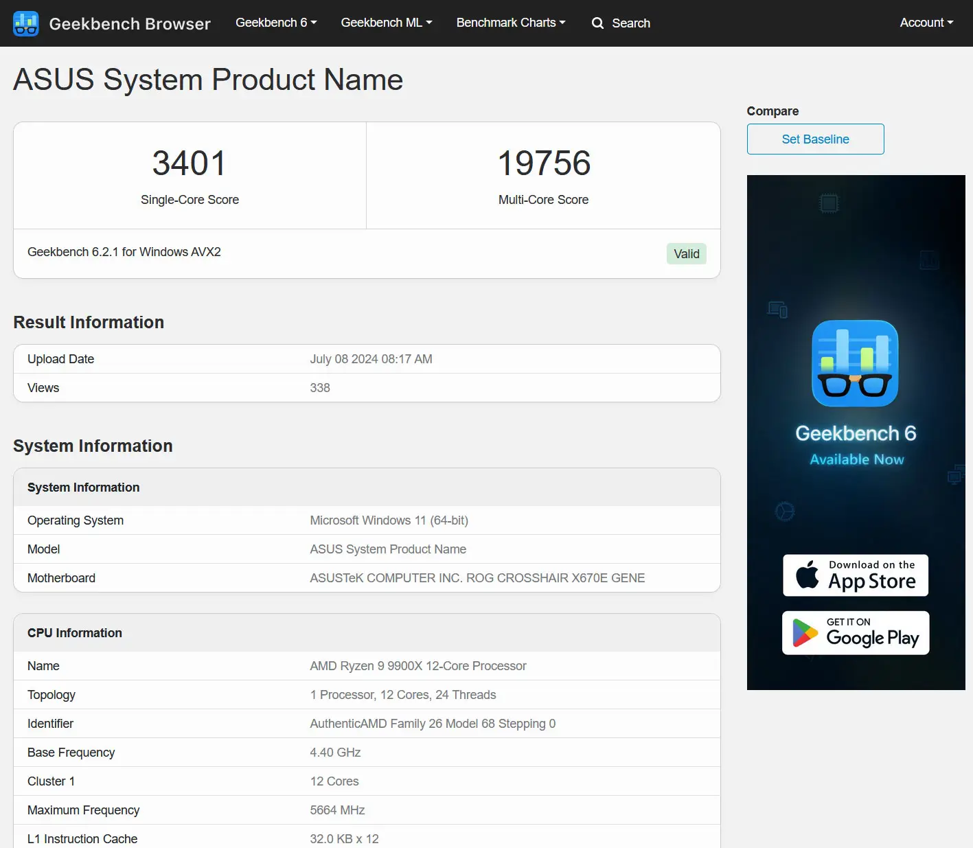 Resultado do AMD Ryzen 9 9900X no Geekbench 6