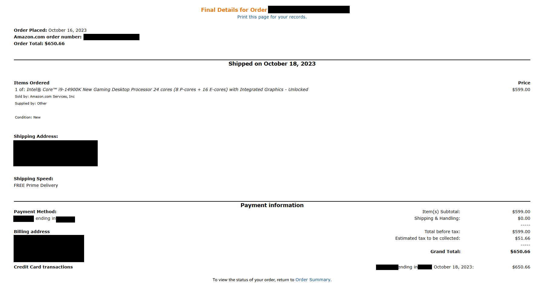 Intel receipt