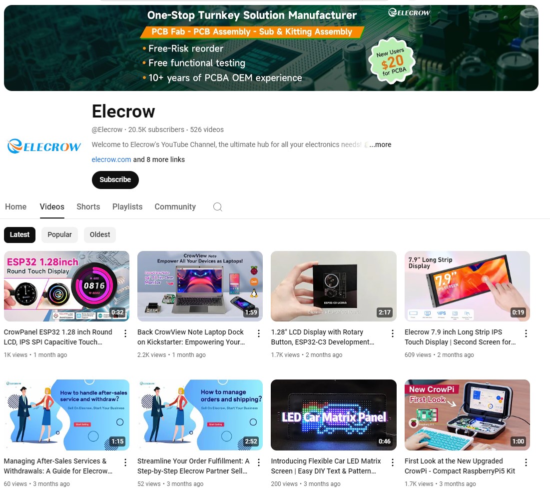 Capturas de tela da página do YouTube da Elecrow