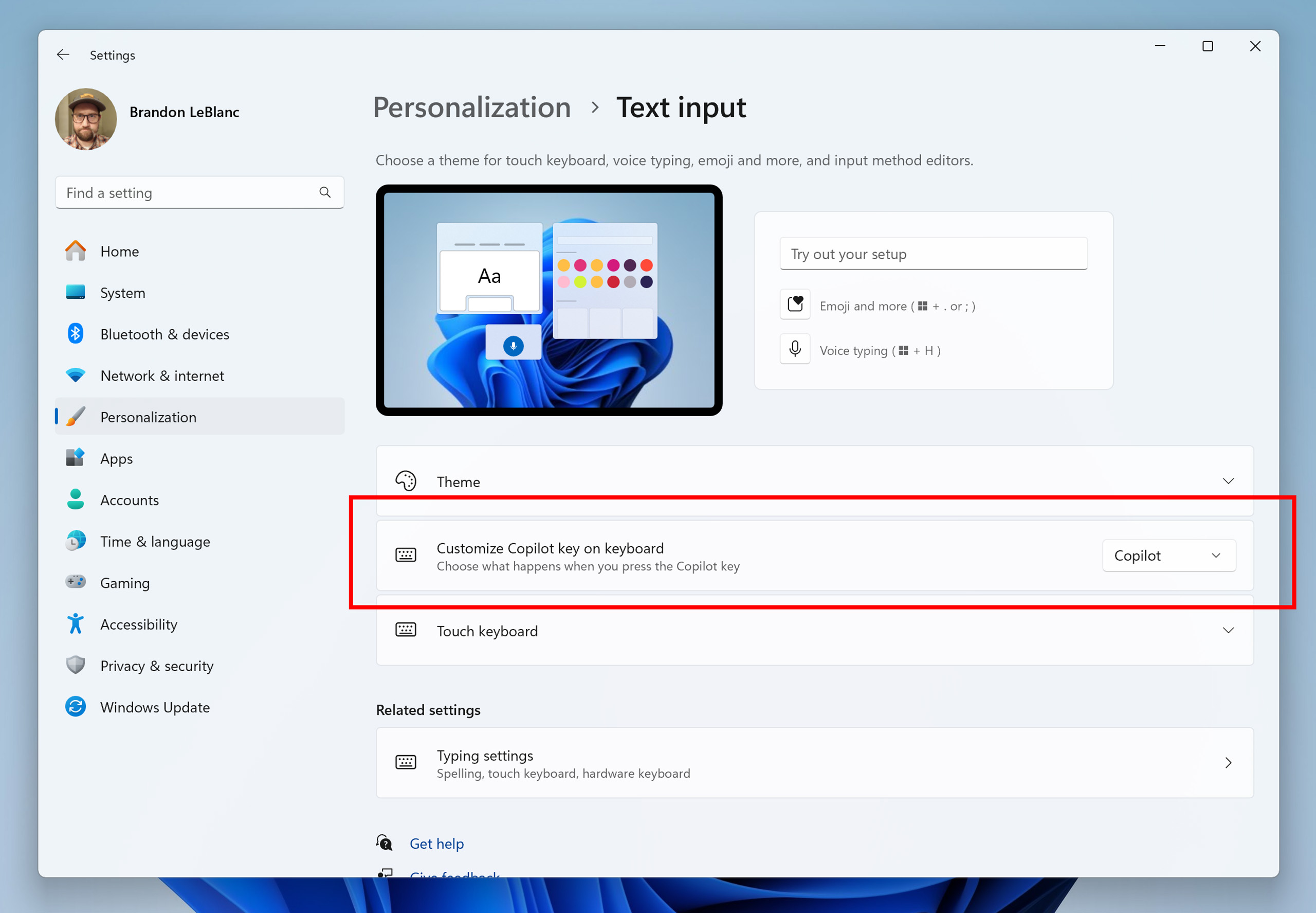 Personalização da tecla Copilot no Windows 11