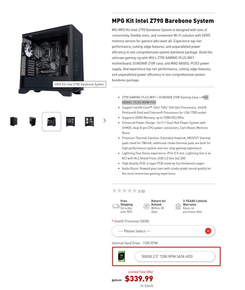 MSI barebones PC with free 500GB hard drive