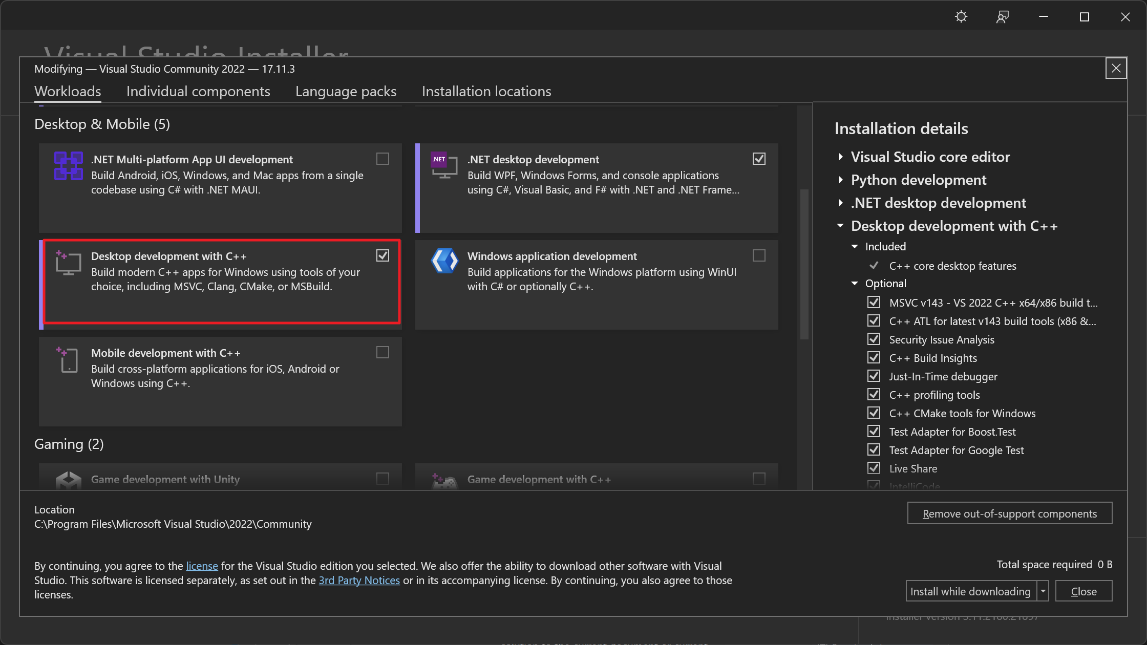 Visual Studio components to install