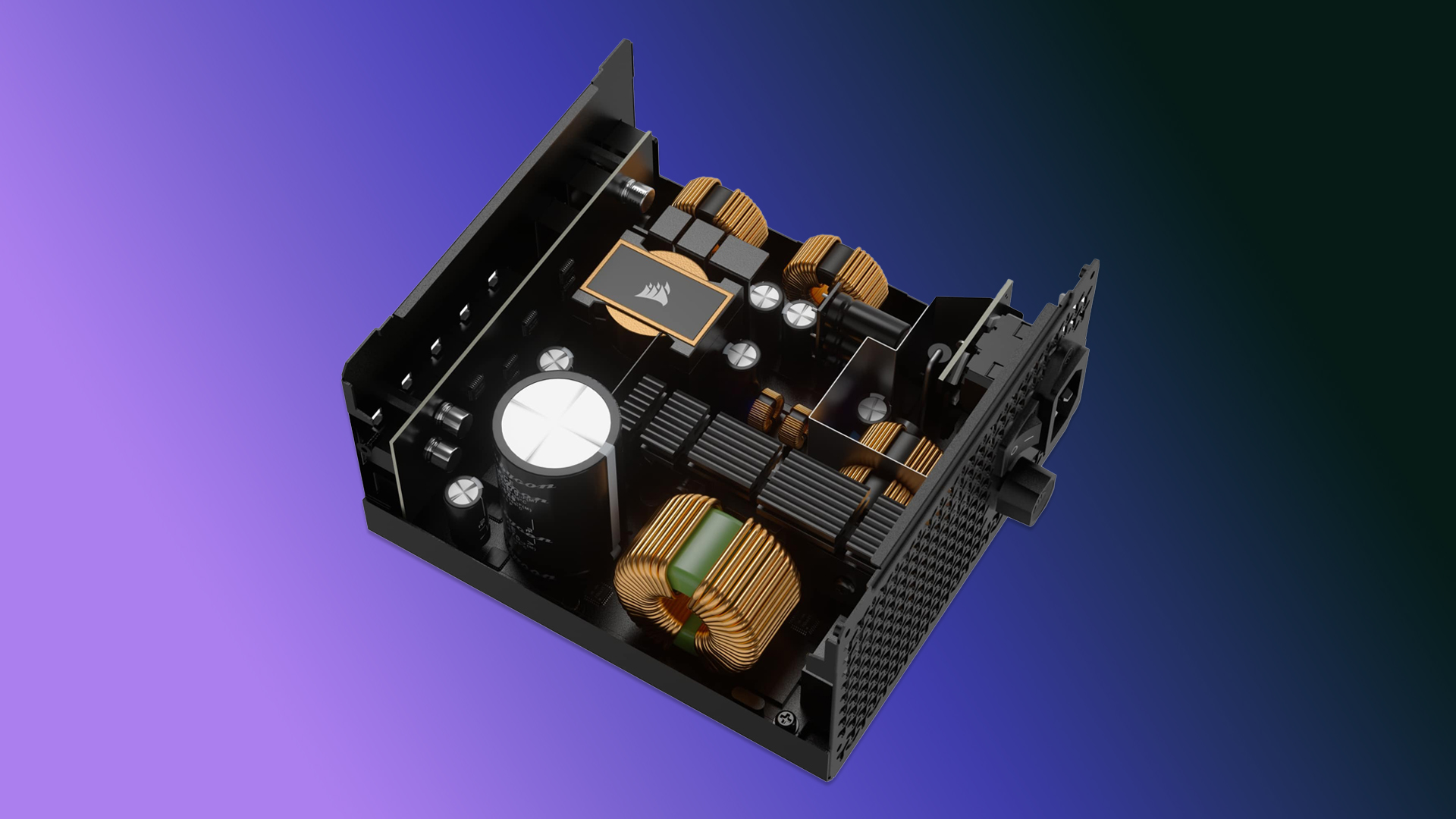 Uma fonte de alimentação Corsair RMx 2024 com a tampa removida