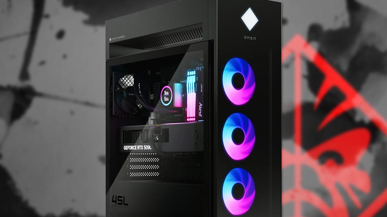 Gabinete do PC gamer HP OMEN 45L com placa de vídeo RTX 5070 Ti e iluminação RGB