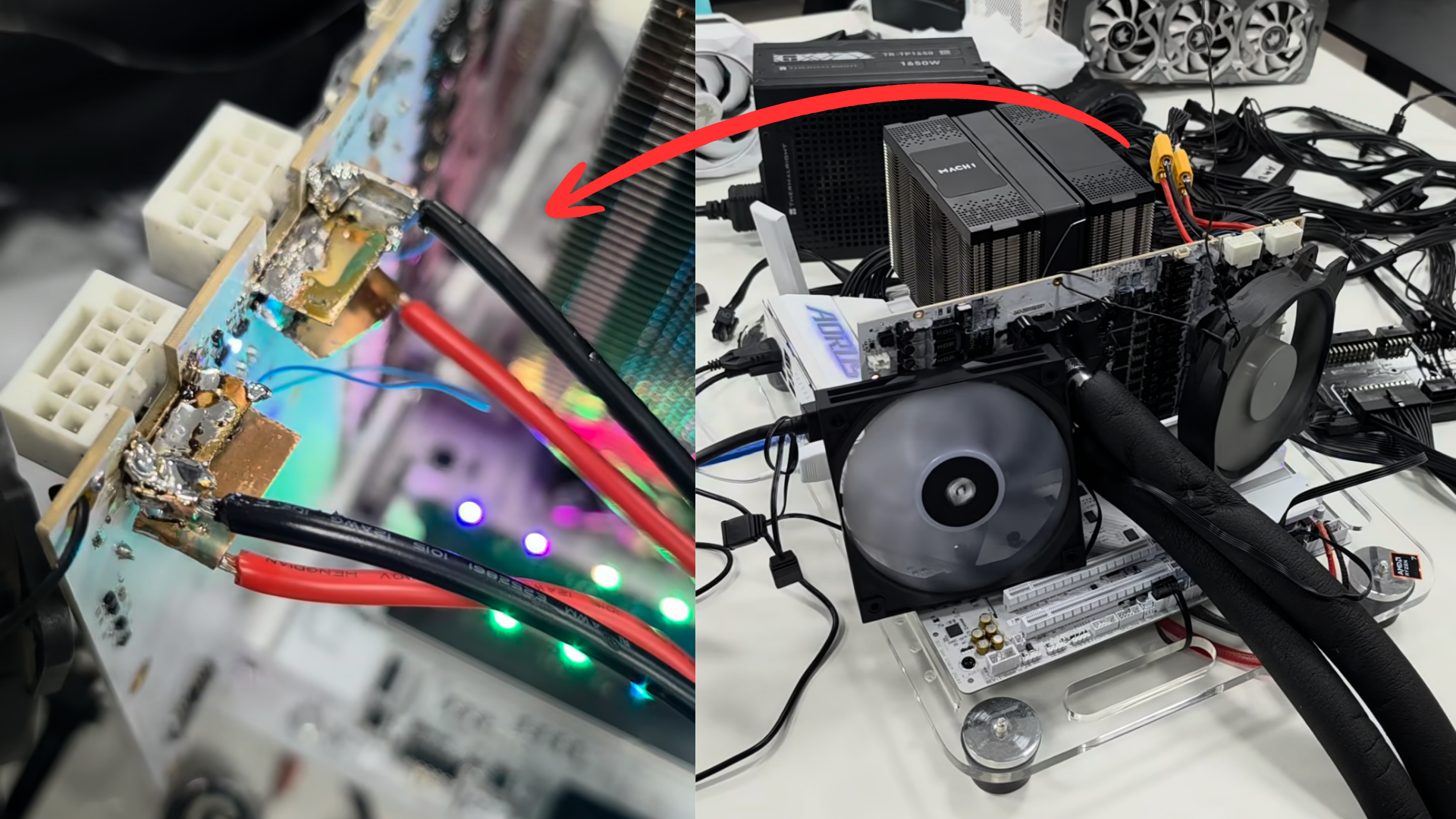 RTX 5090 com cabos de alimentacao soldados diretamente na PCB