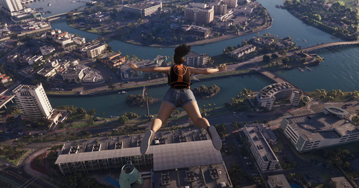 Cena de gameplay de GTA 6 mostrando salto de paraquedas sobre Vice City