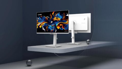 Monitor MSI PRO MAX OLED de 27 polegadas 4K com painel OLED impresso a jato de tinta, visto de frente e de trás
