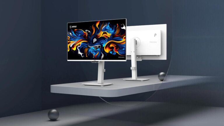Monitor MSI PRO MAX OLED de 27 polegadas 4K com painel OLED impresso a jato de tinta, visto de frente e de trás