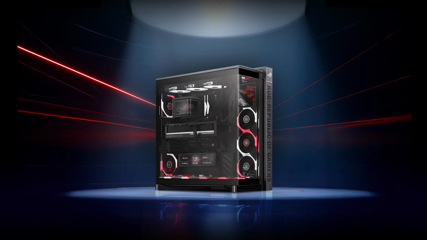 Gabinete ASUS ROG Cronox ARGB EATX ao lado da fan ROG Eurux GR120 ARGB